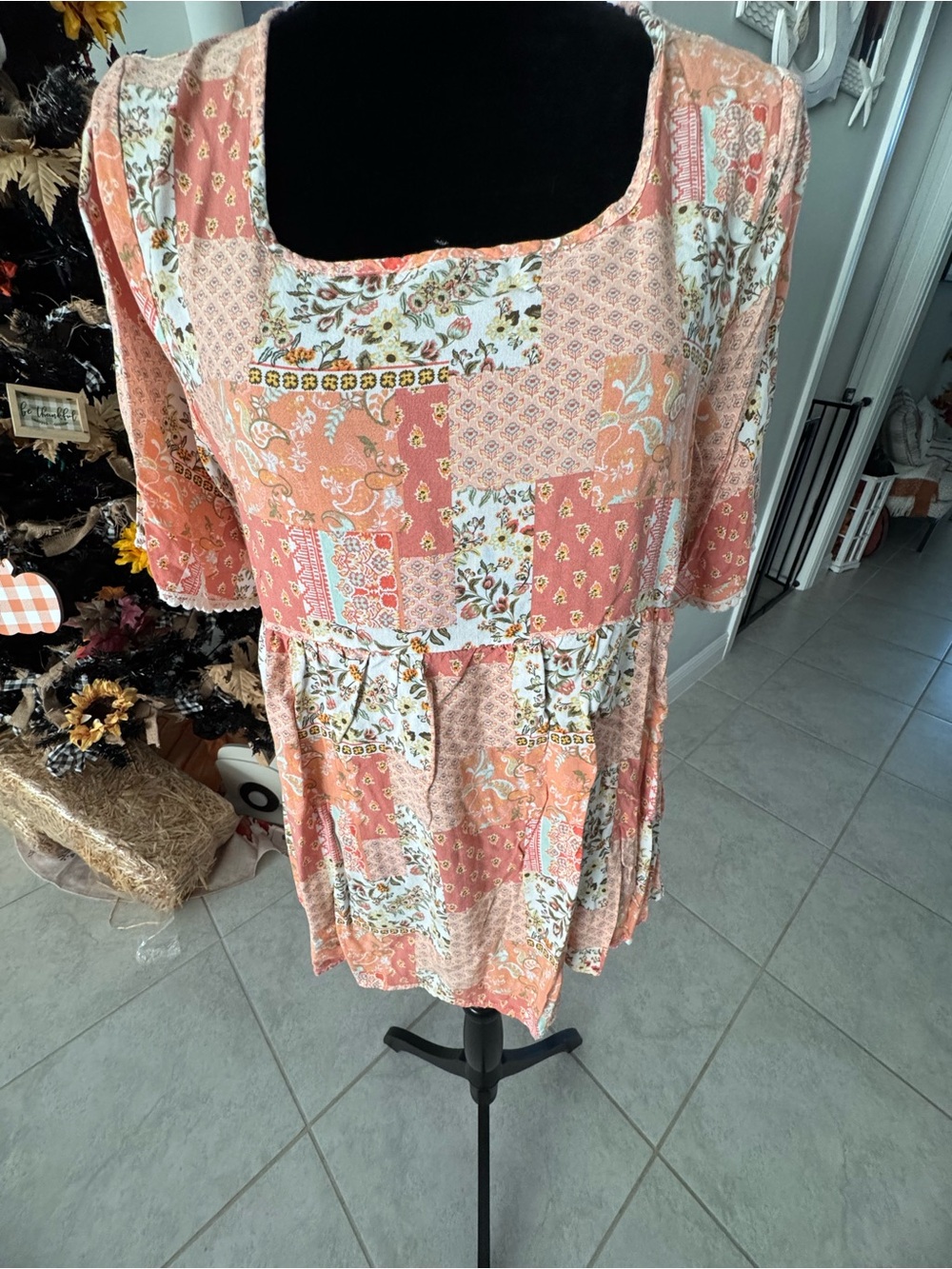 Peach Patchwork Floral Square-Neck Tunic Top